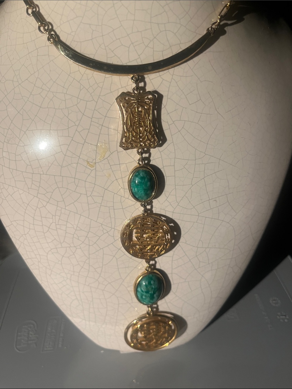 Vintage Asian Statement Necklace , Gold tone with Green and Filigree Medallions